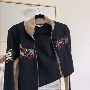 Black and Tan Cropped Jacket with Red Accents